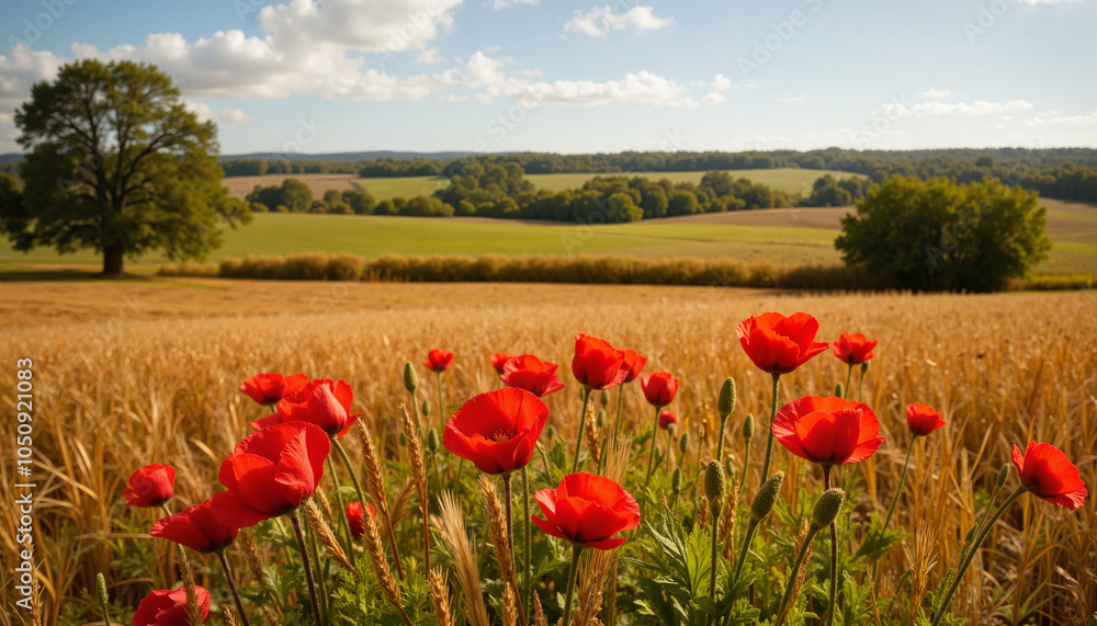 Red poppies blooming in golden wheat field countryside landscape Red poppies blooming in golden wheat field countryside landscape