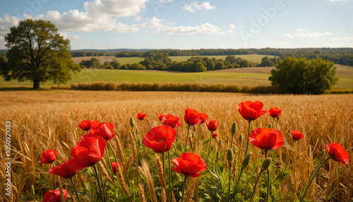 Red poppies blooming in golden wheat field countryside landscape