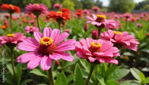 Vibrant pink zinnias blooming in summer garden