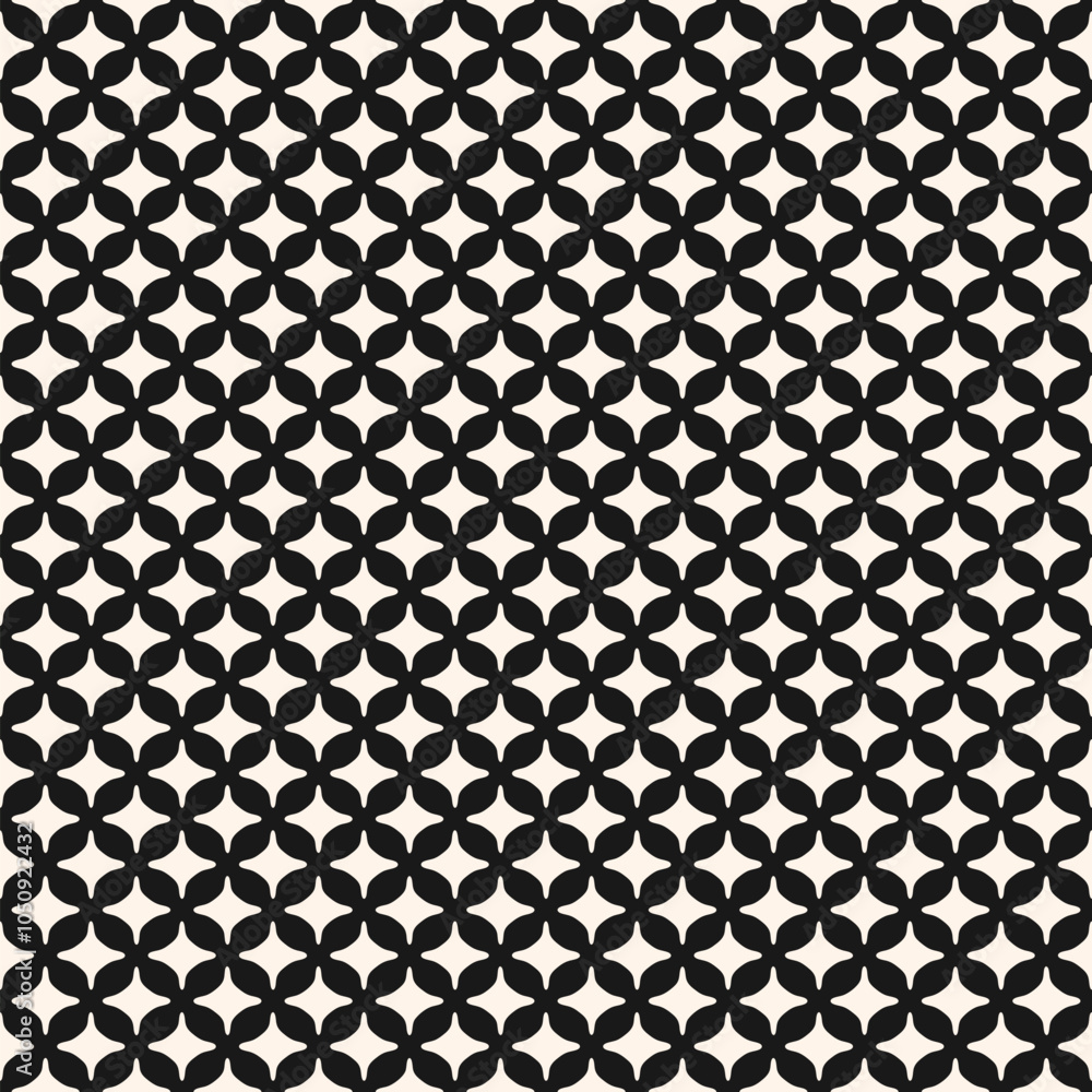 Simple black and white abstract seamless pattern. Vector geometric texture with repeated elements, small curved diamond shapes, grid, mesh, lattice. Elegant minimal background. Decorative geo design