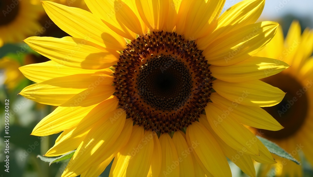 Obraz premium Vibrant sunflower in bloom golden petals with textured ridges spiraled seeds peaking from center