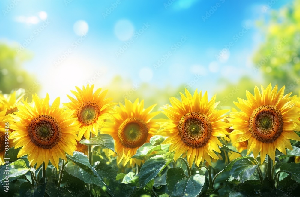 Obraz premium Bright sunflowers in a vibrant field under a warm evening glow in summer