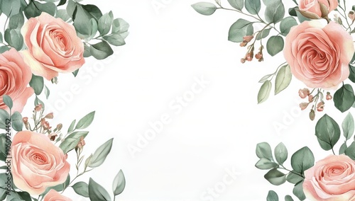 Delicate pink roses and greenery frame a white background for a soft and elegant design