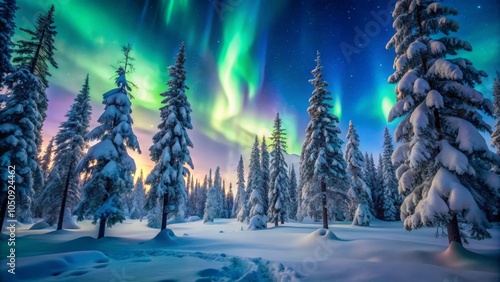 Northern Lights over snowy forest