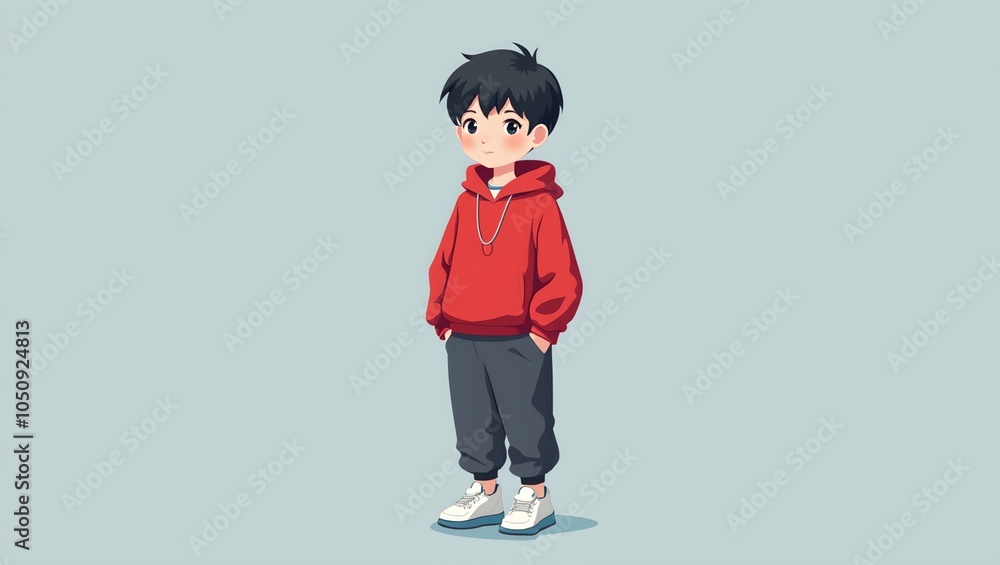 Fototapeta premium Stylized boy in red hoodie hands in pockets silver necklace light gray blue background