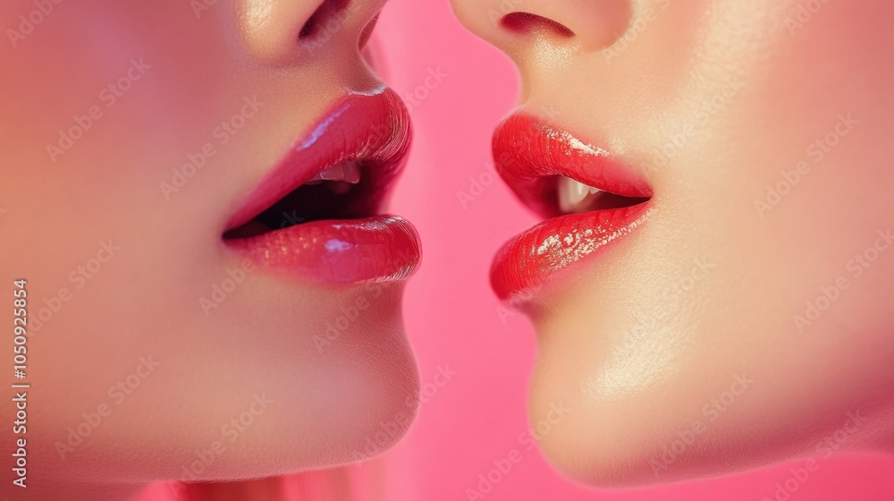 Close-Up of Glossy Lips in Pink Background Close-Up of Glossy Lips in Pink Background