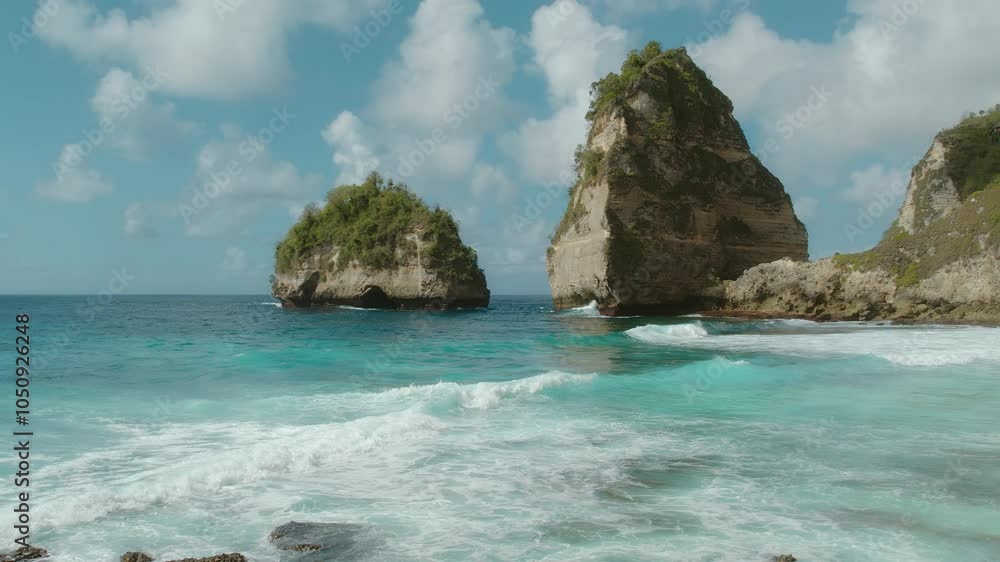 Stunning tropical bay with turquoise water, a pristine white sand beach, and dramatic cliffs. Stunning tropical bay with turquoise water, a pristine white sand beach, and dramatic cliffs.