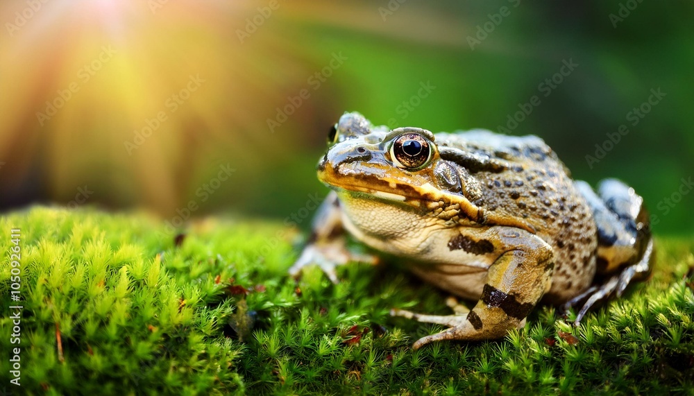 Fototapeta premium frog on green moss close up abstract natural background beautiful wildlife scene portrait of toad amphibian in forest save earth wild nature ecology concept