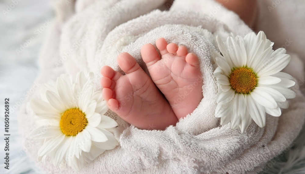 newborn baby s feet wrapped in soft towel with white daisy infant care concept newborn baby s feet wrapped in soft towel with white daisy infant care concept