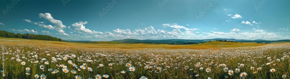 A vibrant meadow filled with daisies under a bright blue sky on a sunny day A vibrant meadow filled with daisies under a bright blue sky on a sunny day