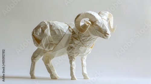 A white origami ram stands against a white backdrop, its intricate folds highlighting its majestic presence. photo