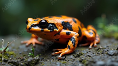 Vibrant orange and black harlequin toad on rocky surface with striking pattern and rugged texture photo