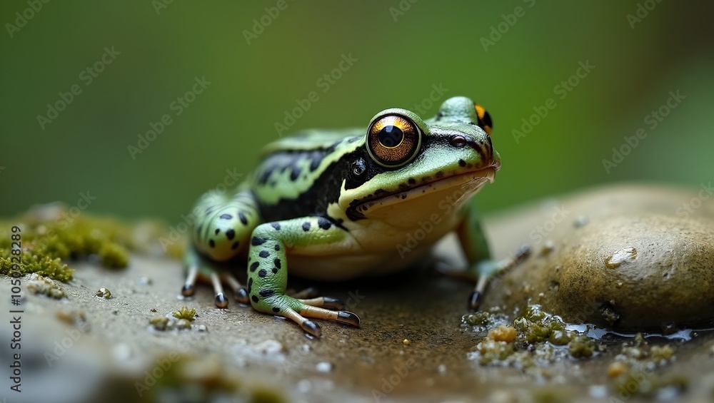 Ornate chorus frog on mossy rock in soft focus nature background Ornate chorus frog on mossy rock in soft focus nature background