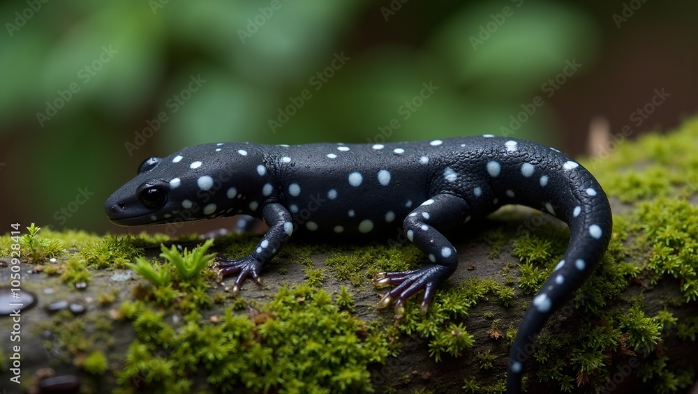 Fototapeta premium Elegant black salamander with white starry spots on mossy log in forest