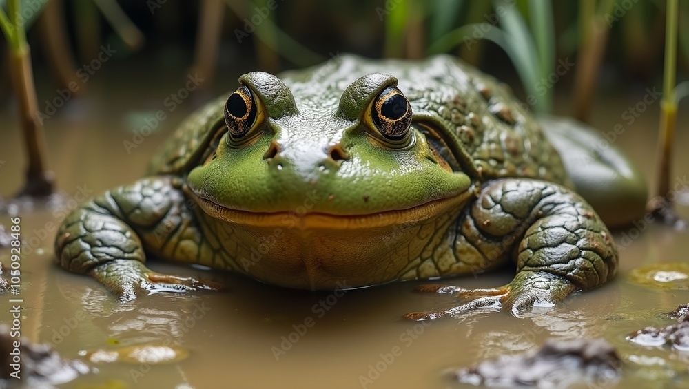 Majestic bullfrog in murky pond with olive green skin golden eyes and muscular body Majestic bullfrog in murky pond with olive green skin golden eyes and muscular body