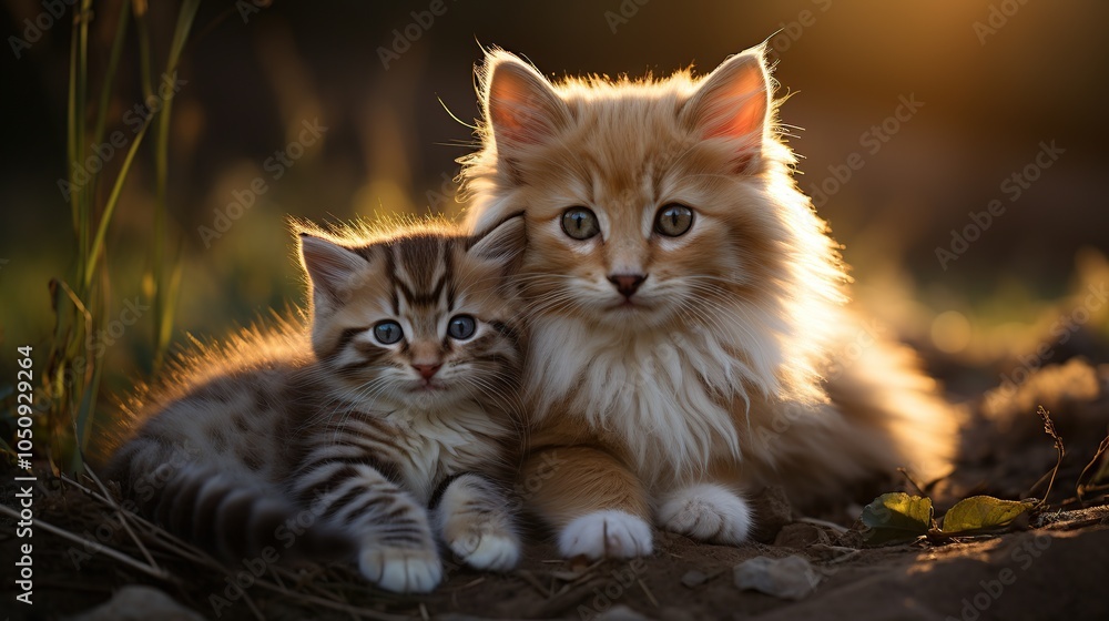 Two adorable kittens, one with orange and white fur and one with tabby markings, cuddle together in a grassy field with the sun shining on them. Two adorable kittens, one with orange and white fur and one with tabby markings, cuddle together in a grassy field with the sun shining on them.