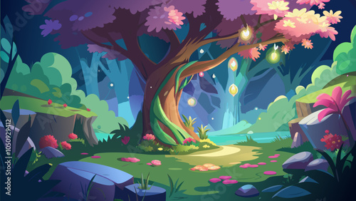 A serene enchanted forest clearing illuminated by glowing orbs and vibrant pink flowers beneath a majestic tree