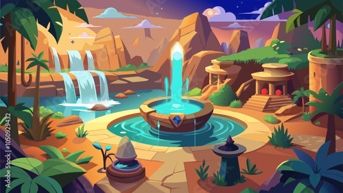 A serene oasis featuring a glowing fountain surrounded by waterfalls and lush vegetation at twilight