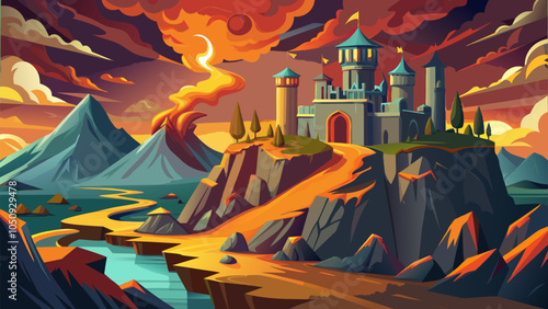 A vibrant castle sits atop a rocky cliff overlooking a winding river during a dramatic sunset with volcanic activity in the background