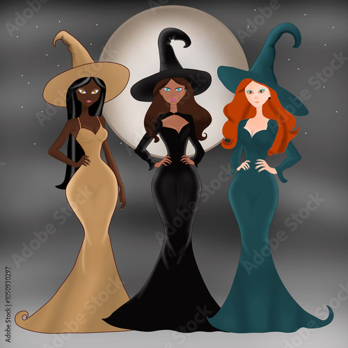 Three Beautiful Witches, with big hats at night with a great moon and mysterious fog photo