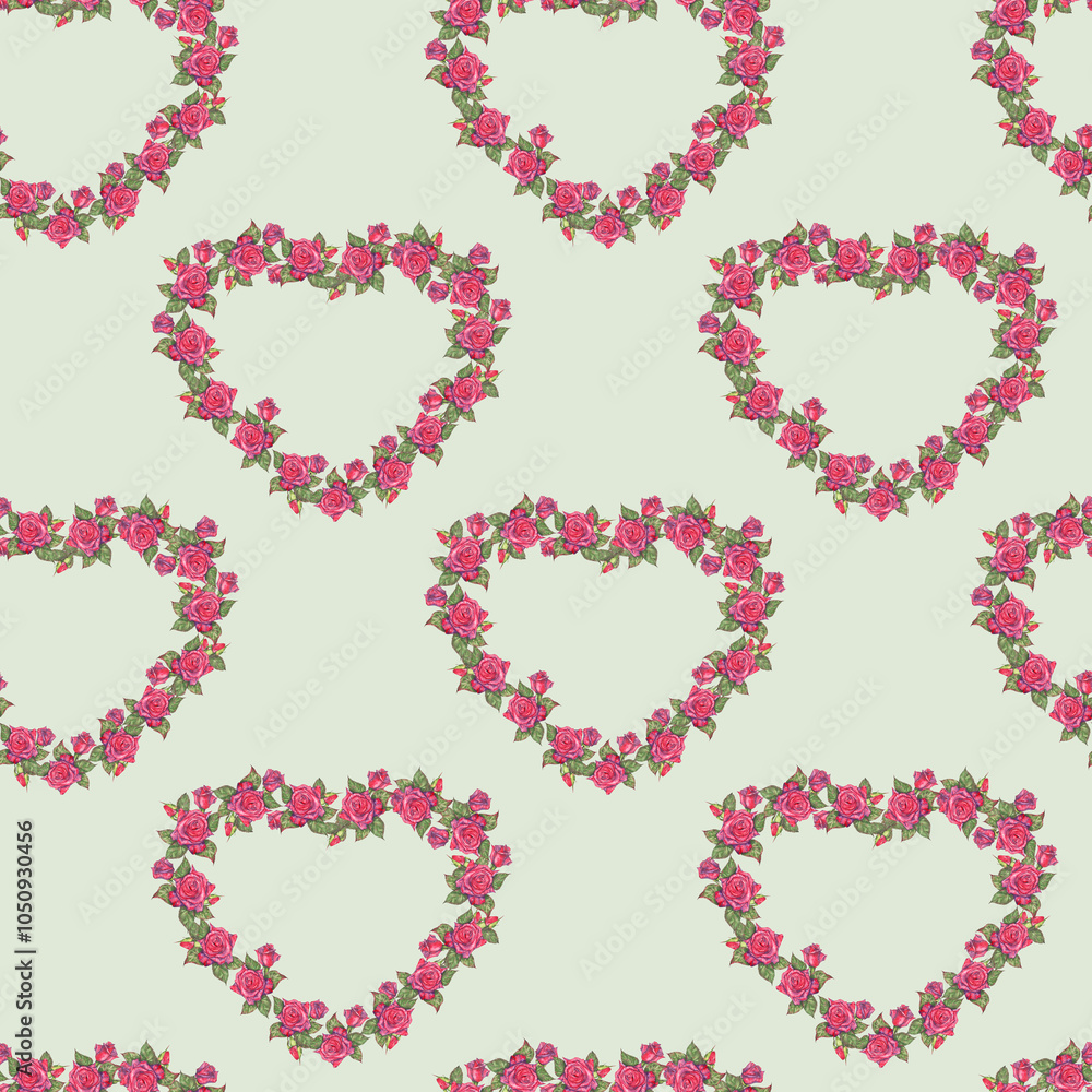 Seamless pattern with hearts made of red roses painted with watercolors. Hearts of roses in a seamless illustration. Idea for decorating holidays and creating prints. Seamless pattern with hearts made of red roses painted with watercolors. Hearts of roses in a seamless illustration. Idea for decorating holidays and creating prints.