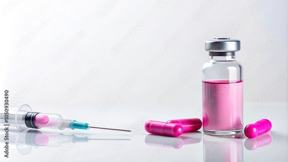 Vaccine bottle and syringe with pills on white background Vaccine bottle and syringe with pills on white background