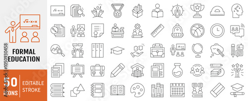 Formal Education icon collection. Containing Life skills, trophy, community classes, teaching, learning, formal, training icon. Simple line vector.