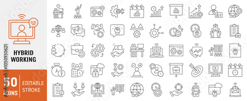 Hybrid working icon collection. Containing remote work, flexibility, office, home, collaboration, technology, communication icon. Simple line vector illustration.