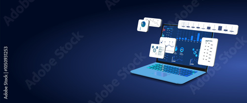 A laptop displaying various data visualizations and analytical tools against a deep blue background in a modern workspace.