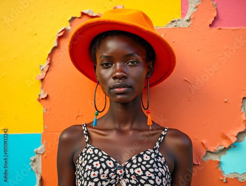 Confident woman posing against a colorful, peeling wall. Fashion meets urban decay in a bold and contrasting visual photo