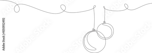 Continuous one line drawing of Christmas balls. Merry Christmas handwritten inscription