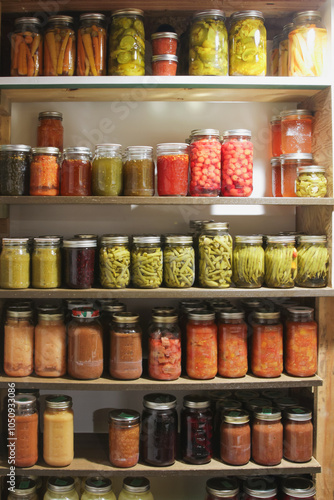 Pantry of homemade canned vegetables and fruit;  colorful display of old-fashioned food preserves