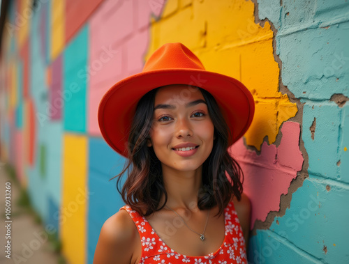 Confident woman posing against a colorful, peeling wall. Fashion meets urban decay in a bold and contrasting visual photo