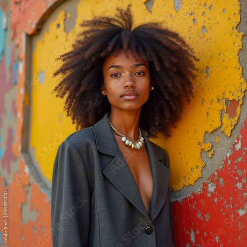 Confident woman posing against a colorful, peeling wall. Fashion meets urban decay in a bold and contrasting visual photo