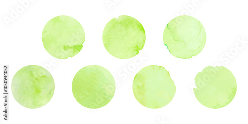 Green watercolor circle spots. Grunge paint brush texture stain set. Vector design elements for eco, natural, bio concept. Isolated on white background