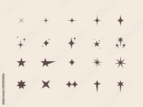 Shining stars set. Different sparkle star shape collection. Isolated vector retro icons
