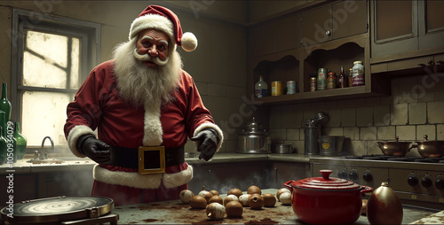 A man dressed as Santa Claus standing in a kitchen preparing food photo