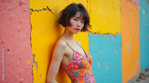 Confident woman posing against a colorful, peeling wall. Fashion meets urban decay in a bold and contrasting visual photo