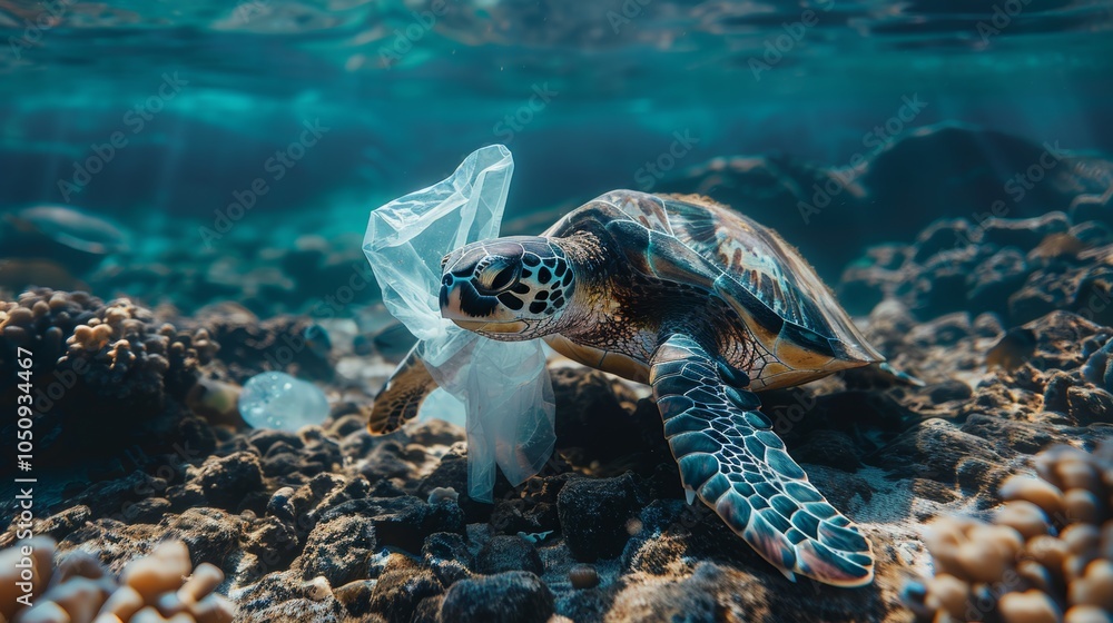 Fototapeta premium An Inspiring Hawksbill Turtle Encounter Among Marine Rocks, Sea Debris, and Vibrant Aquatic Life Forms