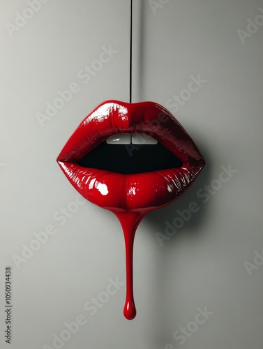 Red lip shaped ornament hanging from a branch with a striking design featuring open mouth