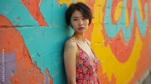 Confident woman posing against a colorful, peeling wall. Fashion meets urban decay in a bold and contrasting visual photo