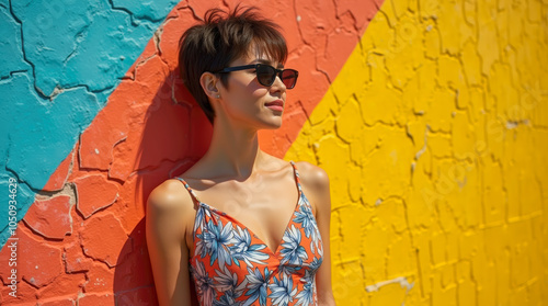 Confident woman posing against a colorful, peeling wall. Fashion meets urban decay in a bold and contrasting visual photo