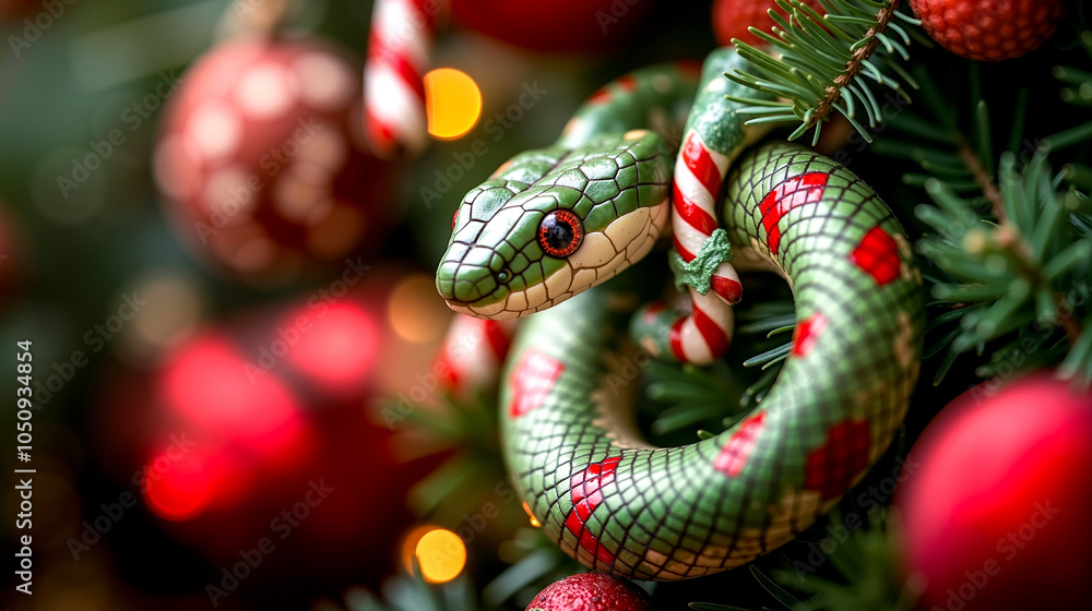 Fototapeta premium A green snake on a christmas tree decorated with candy canes