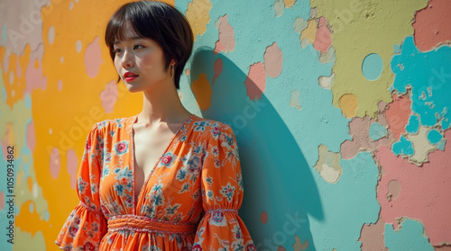 Confident woman posing against a colorful, peeling wall. Fashion meets urban decay in a bold and contrasting visual photo