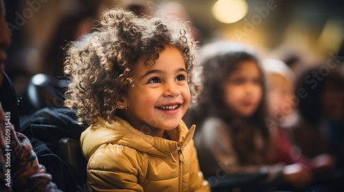 A young girl with curly hair smiles happily while sitting in a crowd of people.