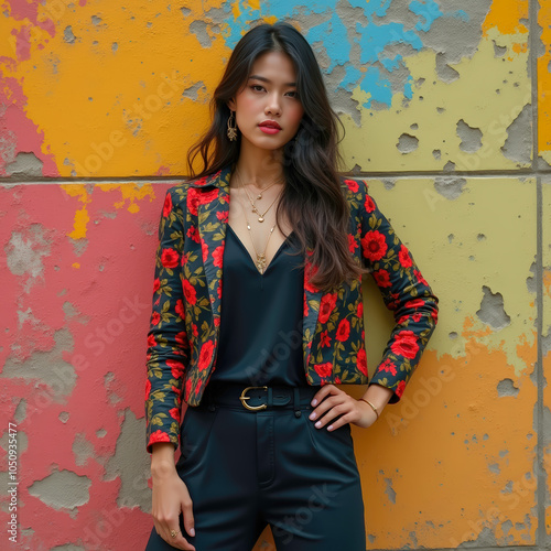 Confident woman posing against a colorful, peeling wall. Fashion meets urban decay in a bold and contrasting visual photo