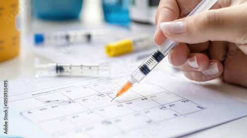 Close-up of a Hand Holding a Syringe Over a Calendar