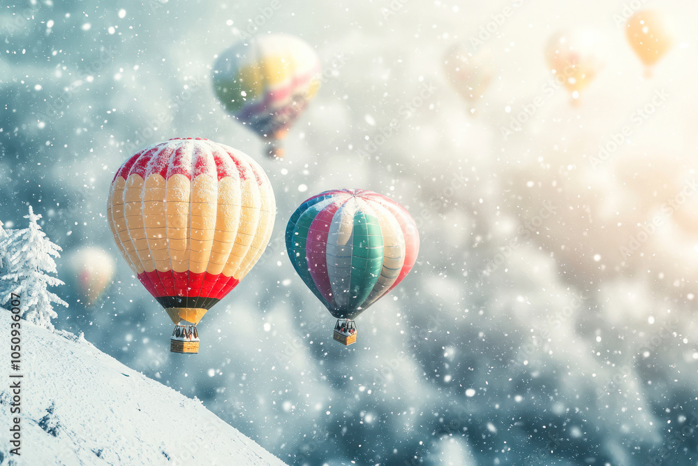 Obraz premium Colorful hot air balloons flying on snow hill in blizzard.