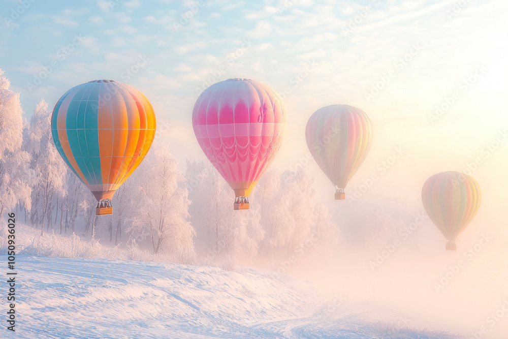 Obraz premium Colorful hot air balloons flying on snow hill in blizzard.