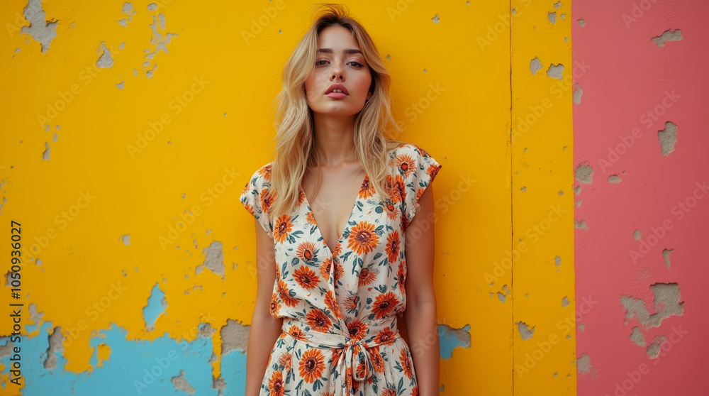Fototapeta premium Confident woman posing against a colorful, peeling wall. Fashion meets urban decay in a bold and contrasting visual